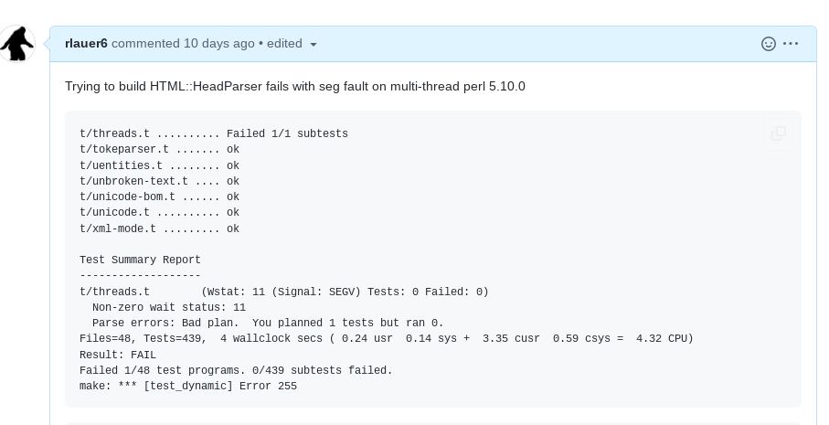 HTML::HeadParser t/threads.t fails on perl 5.10.0 #28